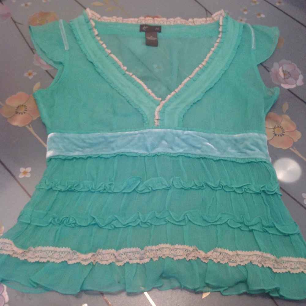 Anthropologie Teal Ruffled V-Neck Blouse with Cream Lace Trim